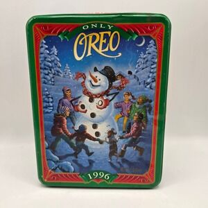 Oreo Cookie Tin 1996 Vintage Winter Snowman Holiday Collectible Metal Storage
